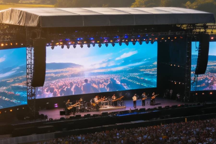 Rental LED screen panels being set up for a live concert event