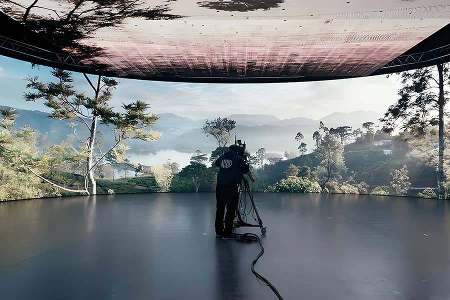 Curved LED volume wall used for virtual production in a film studio