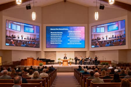 Church interior LED display worship center ceiling installation